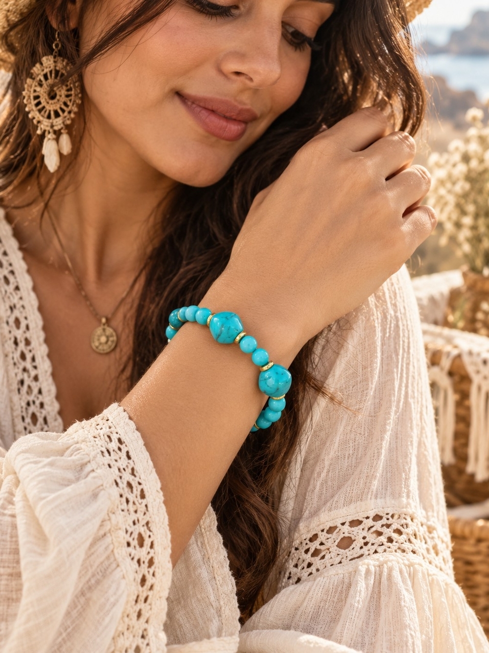 Turquoise Beaded Bracelet - With Spring Ring Clasp- Women Jewelry